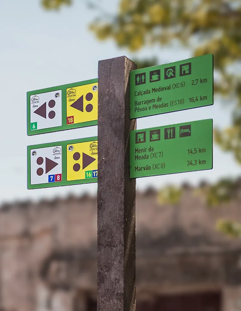 Angle directional signs in HPL+, with built-in MTB and enduro directional aluminium signs, embedded in brown recycled plastic post.